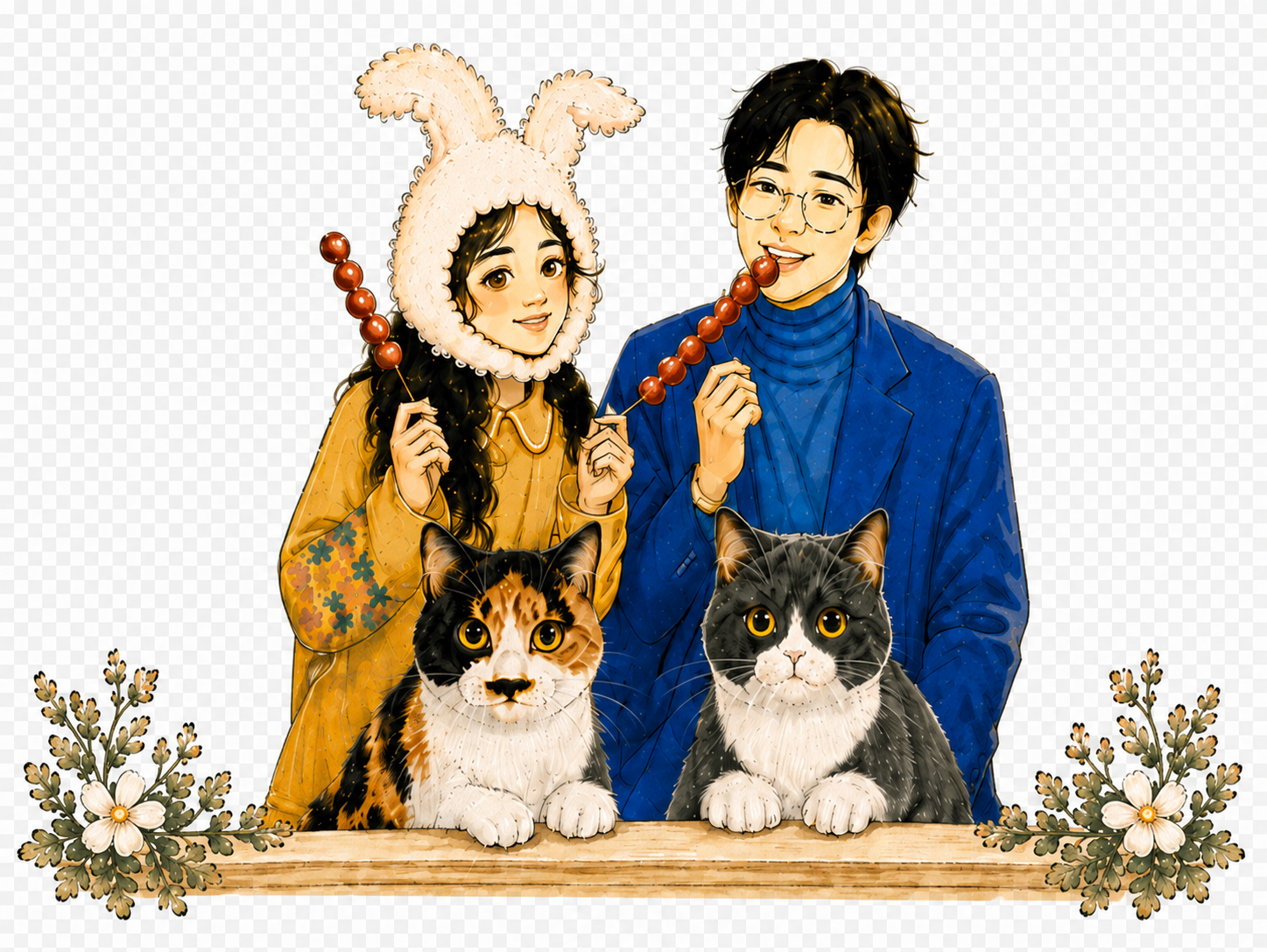向峻仪戴着兔耳帽,张海斌穿着蓝色外套,两人手持糖葫芦,妮蔻和小芋趴在前方木桌上。